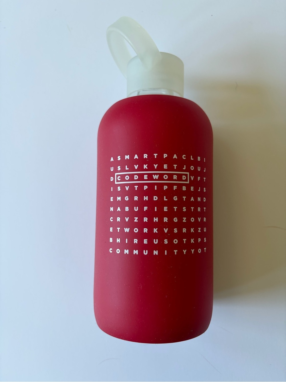 Red CODEWORD Crossword Glass Water Bottle with Frosted Twist Cap